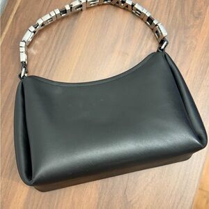 Black Leather Shoulder Bag with Silver Chain Handle